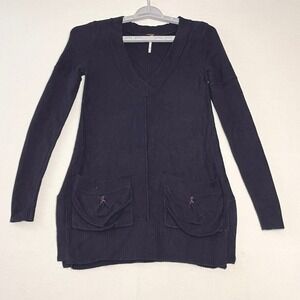 Free People Black V-Neck Sweater Tunic Boho Y2K Cozy Bella‎ Swan XS Oversized